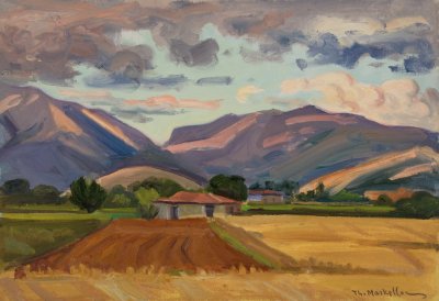 Livadiou Area, Fields, House, Mountains — Oil painting, Canvas, 38.00×55.00cm — Theodoros Markellos